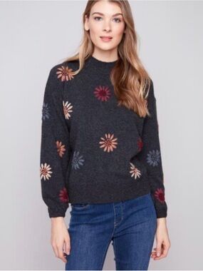 CHARLIE B - Charcoal Floral Crewneck Sweater